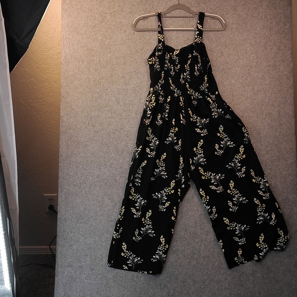 LOFT Womens Black Floral Smocked Back Wide Leg Cropped Jumpsuit Size M